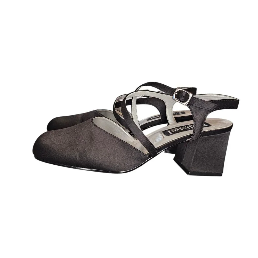 90s Y2K Chunky Heel Square Toe Strappy Mule Black‎ Satin Business Sz 9 2.5